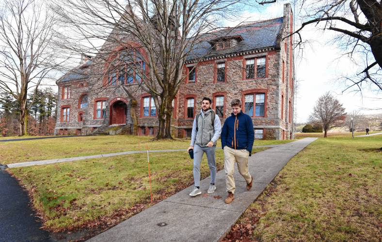 Students walk across the Thomas Aquinas College campus in Northfield. 