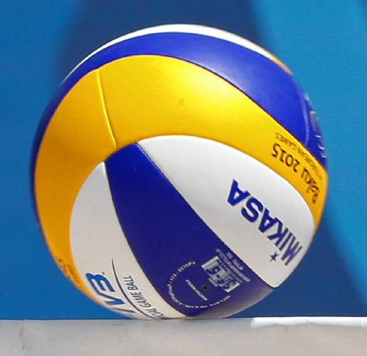 The ball crosses the net during the women's beach volleyball semifinal match between Austria and Lithuania at the 2015 European Games in Baku, Azerbaijan, Saturday, June 20, 2015. (AP Photo/Dmitry Lovetsky)