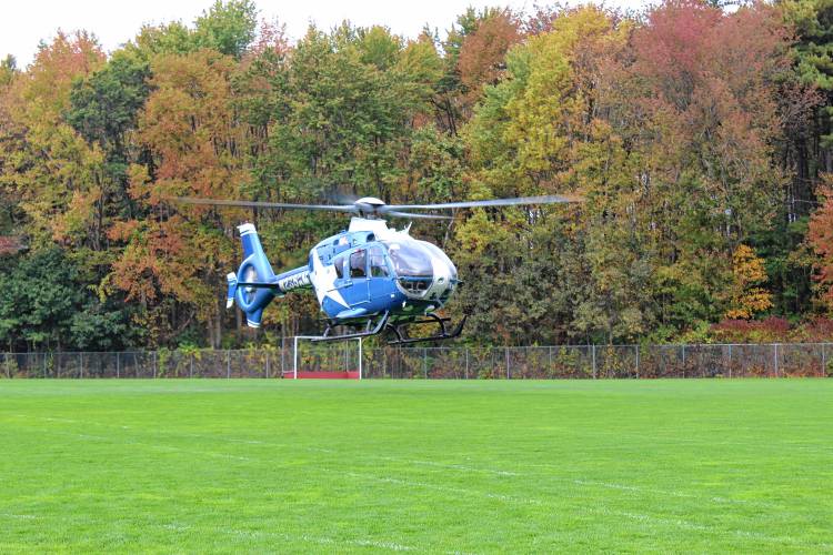 A LifeStar crew landed on Frontier Regional School’s ballfields on Wednesday. Its crew spoke to students about their careers and showed off the helicopter’s interior.