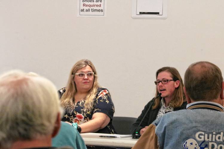 Ann Childs and Stacey Sexton, pictured during a candidates’ forum on Tuesday, are two of four candidates seeking to fill one of the three open seats on the Greenfield School Committee.