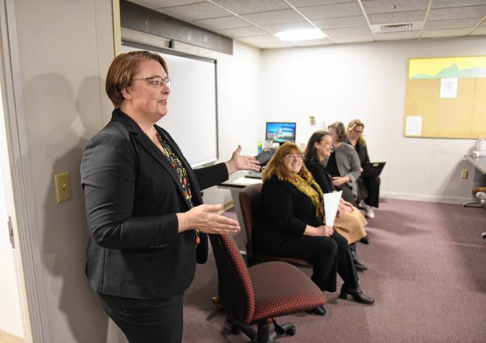 Greenfield Community College President Michelle Schutt introduces the legislative panel during a nursing class at the college on Monday.
