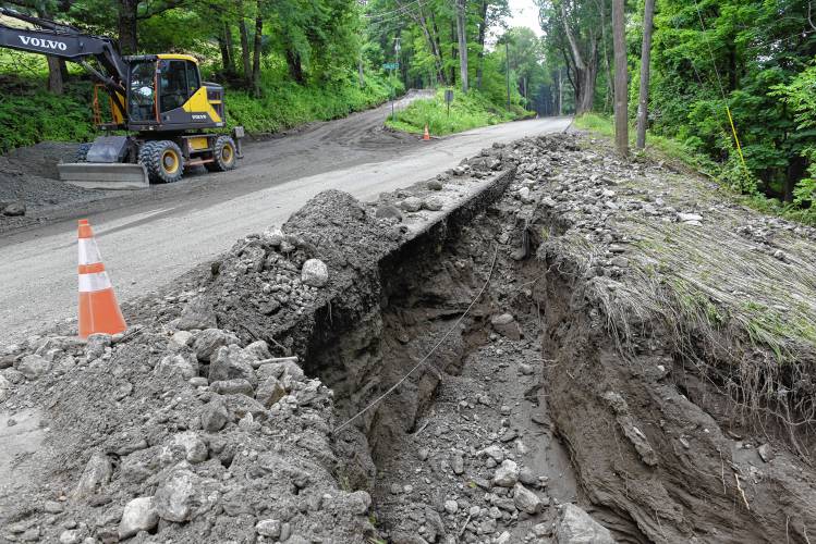 Erosion damage at Fields Hill and Whately roads in Conway, pictured in late July.