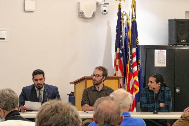 From left, Wahab Minhas, John Garrett and Jesus Leyva, pictured during a candidates’ forum on Tuesday, are vying for two open seats as at-large councilors on Greenfield City Council.