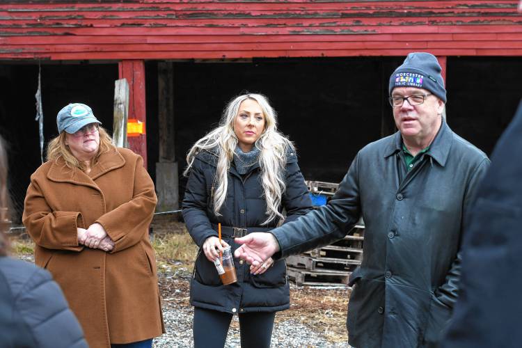 Rep. Susannah Whipps, Franklin County Chamber of Congress Executive Director Jessye Deane and Congressman Jim McGovern at Just Roots farm in Greenfield on Friday morning.