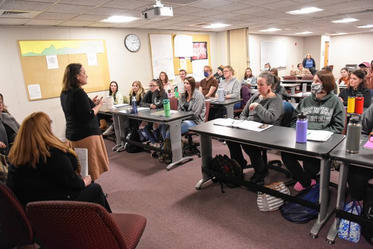 Rep. Lindsay Sabadosa speaks to nursing students at a legislative panel on health care at Greenfield Community College on Monday.