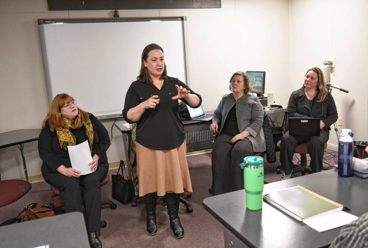 From left, Rep. Susannah Whipps, Rep. Lindsay Sabadosa, Sen. Jo Comerford and Rep. Natalie Blais participate in a legislative panel on health care at a nursing class at Greenfield Community College on Monday.