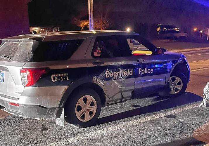 Both a Deerfield Police cruiser, pictured, and a Massachusetts State Police cruiser were struck after responding to a report of an impaired driver in Sunderland on Sunday.