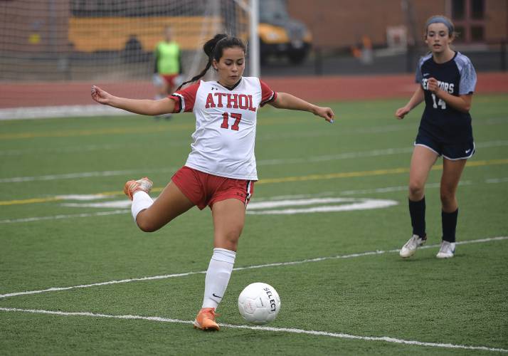 Athol’s Allison Robertson (17) looks to clear the ball against Mahar during the Senators’ 1-0 victory last week at the Woodward Complex in Orange.