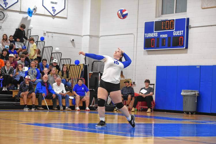 Turners' Jill Reynolds serves to open the match against West Springfield on Monday in Turners. 