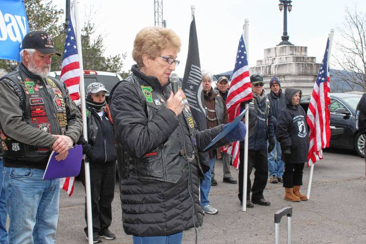 Nancy Adams, a member of Rolling Thunder, speaks at the annual Pearl Harbor Remembrance Day ceremony on Thursday in Gill next to the French King Bridge.