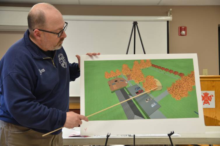 Montague Parks and Recreation Director Jon Dobosz presents preliminary designs for Montague Center Park upgrades during an informational meeting in April 2022. Article 8 at Tuesday’s Special Town Meeting warrant asks voters to appropriate $500,000 from the Capital Stabilization Fund for the upgrades.