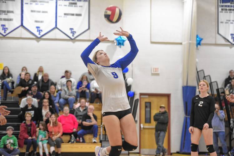 Turners Falls' Taylor Greene sets the ball in a match against West Springfield on Monday in Turners. 