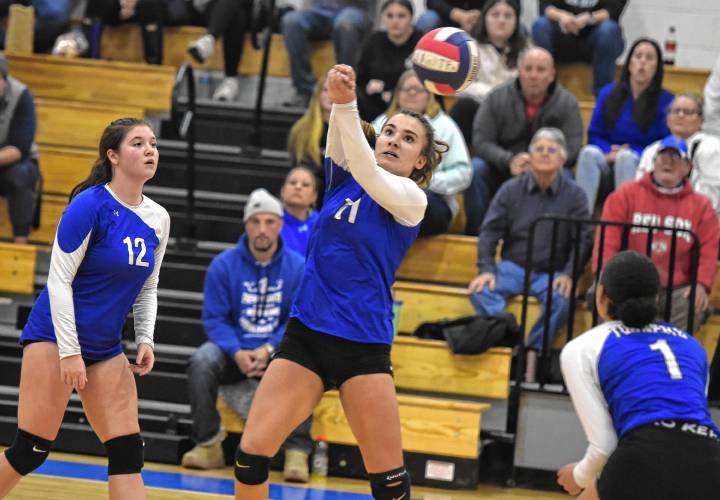 Turners Falls’ Madi Liimatainen (11) passes the ball during the Thunder’s 3-0 sweep of Hopedale in the MIAA Division 5 quarterfinal round on Thursday in Turners Falls.