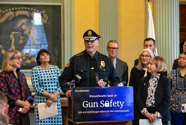 Agawam Police Chief Eric Gillis, president of the Massachusetts Chiefs of Police Association, lends his support to the Senate version of gun reform legislation during a press conference on Jan. 25.