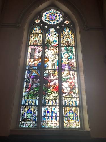 The Roman Catholic Diocese of Springfield is suing the city of Northampton seeking the right to remove five stained glass windows from the shuttered St. Mary of the Assumption Church. The diocese argues the windows have sacred value, including this one of the resurrection of Jesus.