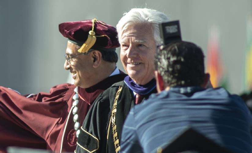 University of Massachusetts President Marty Meehan, pictured at UMass Amherst’s graduation exercises in 2022, announced in his “State of the University” message this week that UMass plans to triple early college enrollment over the next five years, giving 2,000 high school students a head start on their college educations.