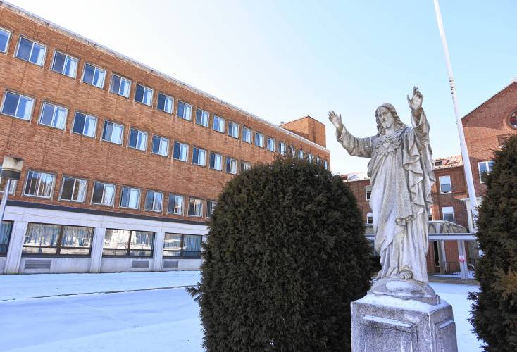 The Jesus Christ statue outside the vacant Farren Care Center in Montague, pictured in November 2022 prior to the building’s 2023 demolition.