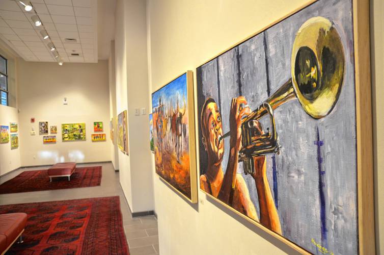 Paintings by Mwanga William on display at Northfield Mount Hermon school through Oct 6.