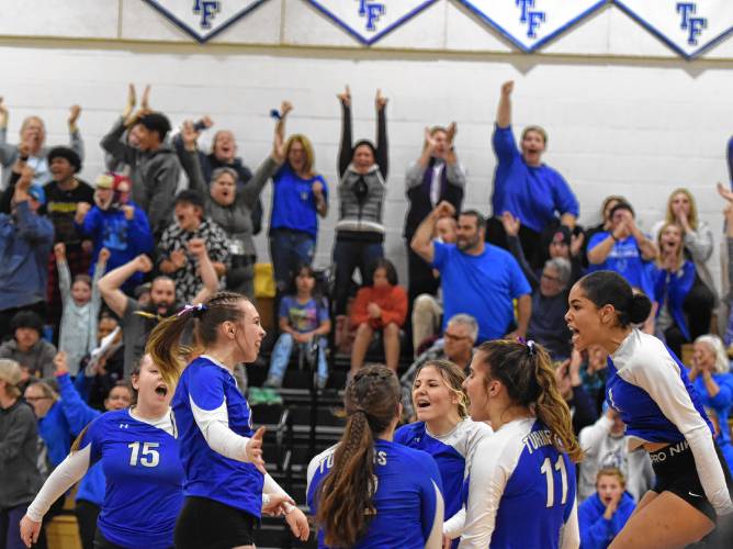 The Turners Falls volleyball team celebrates a point during its 3-0 sweep of Hopedale in the MIAA Division 5 quarterfinal round on Thursday in Turners Falls.