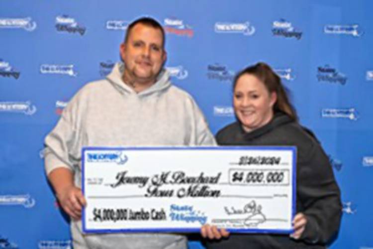 Erving resident Jeremy Bouchard won $4 million in the Massachusetts State Lottery’s “$4,000,000 Jumbo Cash” game with an instant ticket he purchased at the Sandri convenience store and gas station at 416 Federal St. in Greenfield. He was joined by his partner, Victoria Gibson, when claiming his prize at the Lottery’s headquarters in Dorchester. He opted to receive a one-time payment of $2.6 million (before taxes). The store receives a $40,000 bonus for its sale of the ticket.