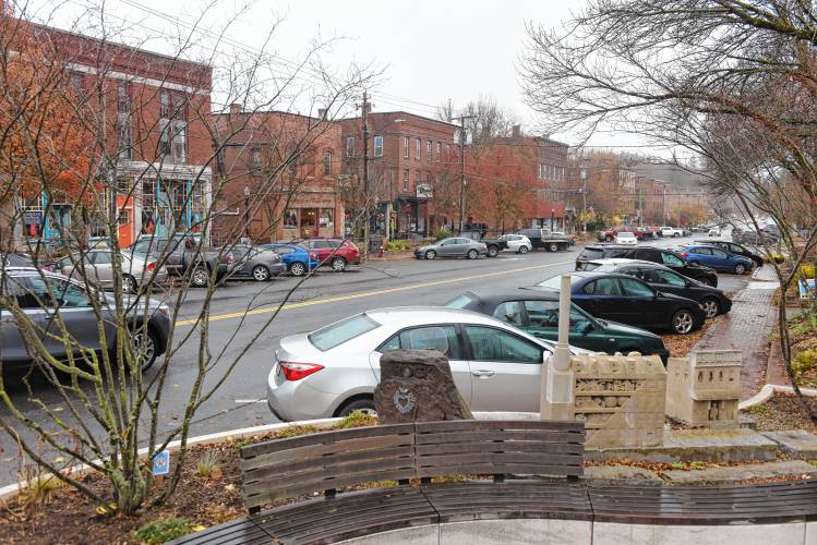 Avenue A in Turners Falls, with a public art installation by Tim de Christopher pictured in the foreground.