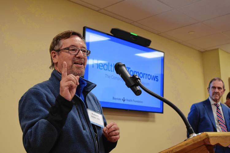 Dr. Robert Baldor, founding chair and professor for the University of Massachusetts Medical School-Baystate Department of Family Medicine, talks about the hospital system’s $70 million fundraising campaign at Baystate Franklin Medical Center on Wednesday.