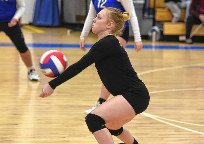 Turners Falls libero Madisyn Dietz records a dig during the Thunder’s 3-0 sweep of Hopedale in the MIAA Division 5 quarterfinal round on Thursday in Turners Falls.