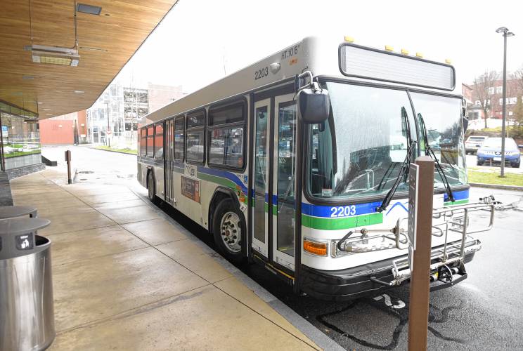 A Franklin Regional Transit Authority (FRTA) bus sits at the John W. Olver Transit Center.