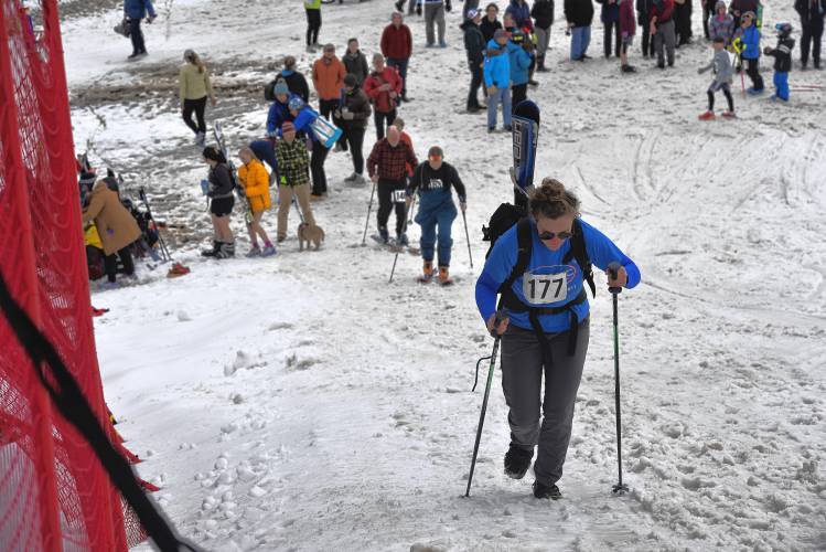 Competitors make their way up the mountain for the ski portion of the Berkshire Highlands Pentathlon at Berkshire East on Saturday. 