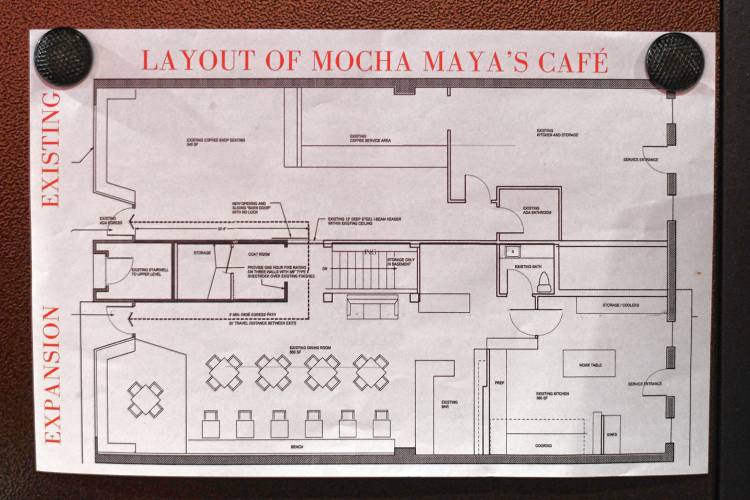 Mocha Maya’s, with the layout pictured on top, is expanding into the neighboring space, pictured on the bottom, on Bridge Street in Shelburne Falls.