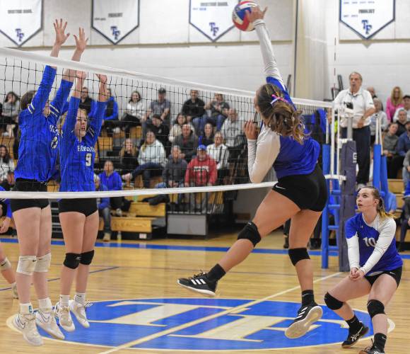 Turners Falls’ Madi Liimatainen (11) makes a swing on the ball during the Thunder’s 3-0 sweep of Hopedale in the MIAA Division 5 quarterfinal round on Thursday in Turners Falls.