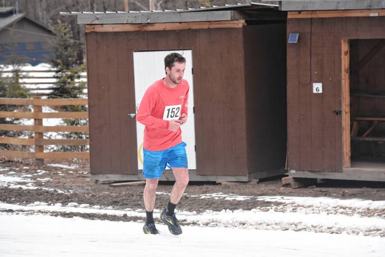 A team member of Clayton’s Way competes in the adventure running portion of the Berkshire Highlands Pentathlon at Berkshire East on Saturday.