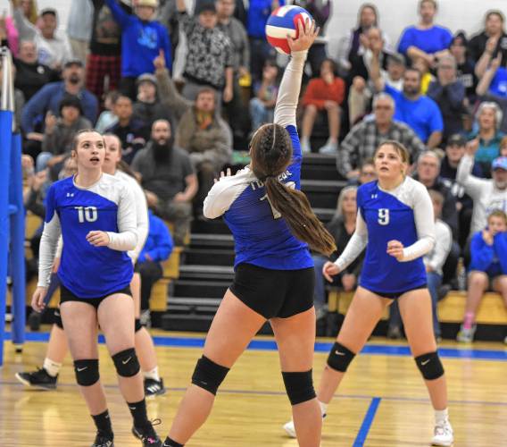 Turners Falls’ Janelle Massey (12) makes a swing on the ball during the Thunder’s 3-0 sweep of Hopedale in the MIAA Division 5 quarterfinal round on Thursday in Turners Falls.