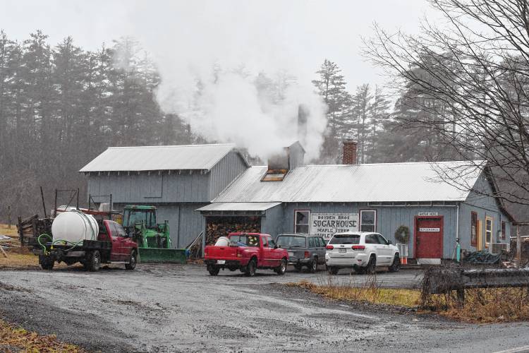 Steam rises from the Boyden Bros. Maple sugarhouse in Conway as they boil maple sap.