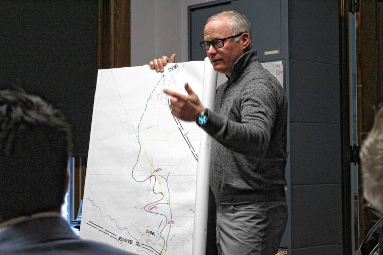 Civil engineer Jim Scalise presents to the Charlemont Planning Board a potential driveway running through Zoar Outdoor’s property, which he said could alleviate traffic concerns on Warfield Road for the proposed Hinata Mountainside Resort.