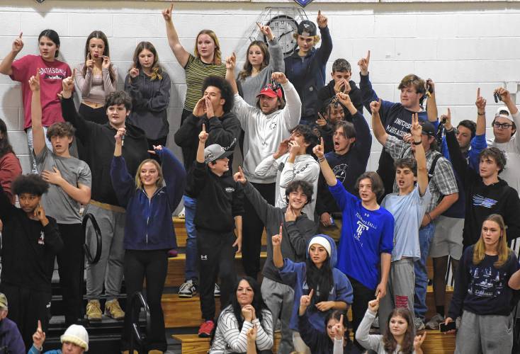 The Turners Falls student section holds up one finger on the last point of the Thunder’s  3-0 sweep of Hopedale in the MIAA Division 5 quarterfinal round on Thursday in Turners Falls.