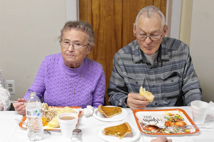 Margaret and James Sprague eat Thanksgiving meals at Living Waters Assembly of God in Greenfield.