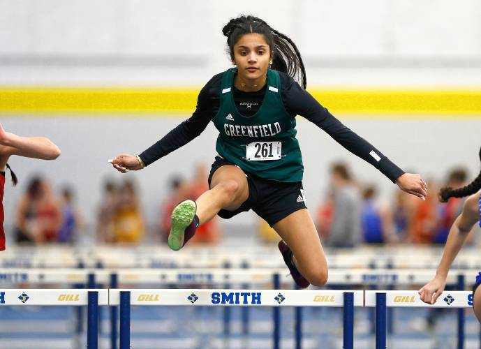 Greenfield’s Suhani Patel competes in the 55 meter hurdles during the PVIAC indoor track meet Wednesday at Smith College in Northampton.