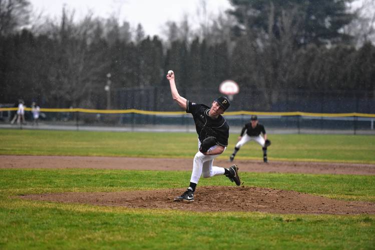Pioneer’s Hugh Cyhowski pitches against Frontier in South Deerfield on Wednesday. 