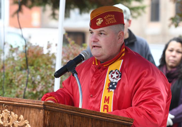 Buckland resident Paul John “PJ” Herbert, a U.S. Marine Corps veteran of tours in Iraq and Somalia, speaks during Greenfield’s Veterans Day services in 2019. Herbert, 52, faces one count of theft of government money and one count of making false statements