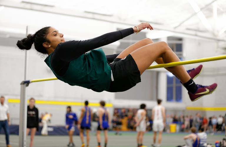 Greenfield’s Suhani Patel competes in the high jump during the PVIAC indoor track meet Wednesday at Smith College in Northampton.