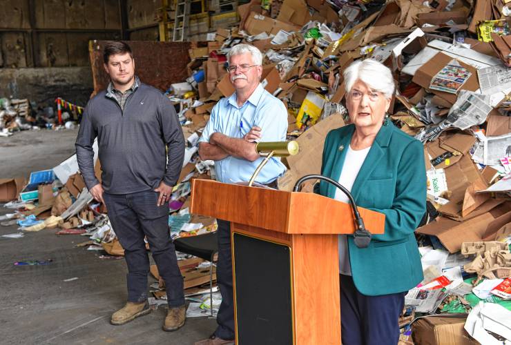 From left, Greenfield Department of Public Works Deputy Director Sam Urkiel, DPW Director Marlo Warner II and Mayor Roxann Wedegartner announce a $2 million grant for recycling infrastructure upgrades on Friday.