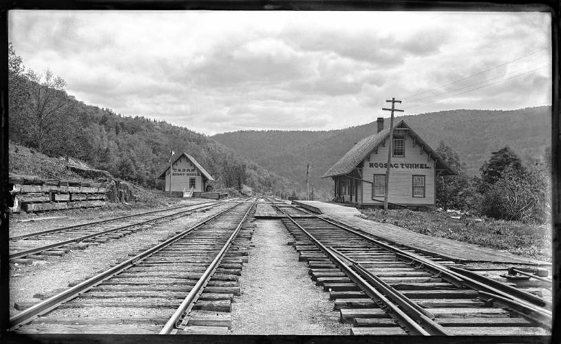 The Troy & Greenfield Railroad freight house on the Hoosac Tunnel route, circa 1875-1885.