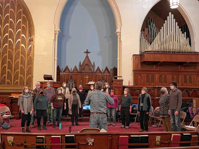 Music Director Joe Toritto leads the Eventide Singers during a rehearsal at the Second Congregational Church of Greenfield.