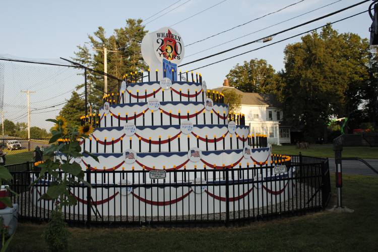 The cake that will be lit Monday in Leverett was used by Whately to mark its 250th birthday in June 2022 and more recently last October to celebrate Deerfield’s 350th.