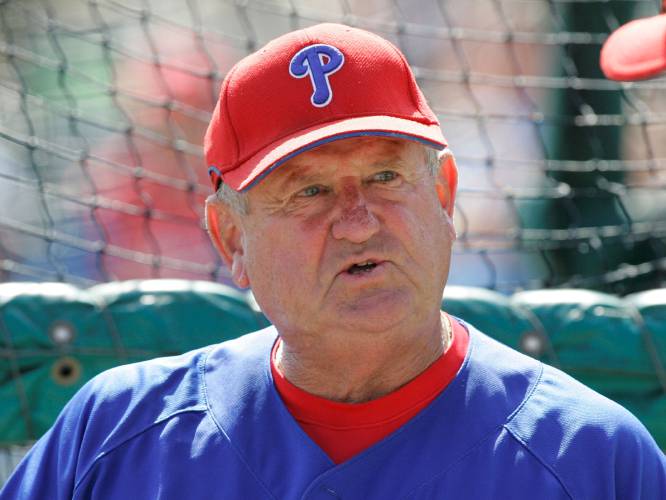 FILE - Philadelphia Phillies coach Jimy Williams during their spring training baseball practice in Fort Myers, Fla., Friday March 21, 2008. Jimy Williams, who led Toronto, Boston and Houston to 910 wins over 12 seasons as a major league manager, has died. He was 80. The Red Sox said he died Friday, Jan. 26, 2024, at AdventHealth North Pinellas Hospital in Tarpon Springs, Florida, after a brief illness. (AP Photo/Charles Krupa, File)