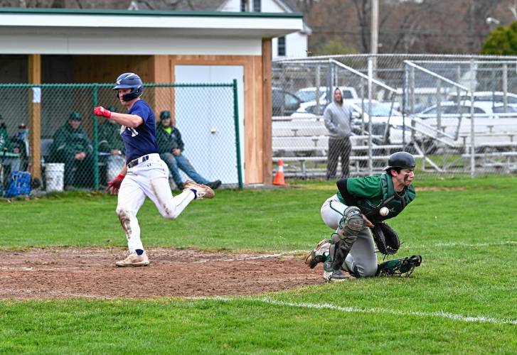 Frontier’s Colin West scores ahead of the  throw to Greenfield catcher Luca Siano at Vets Field on Thursday. 