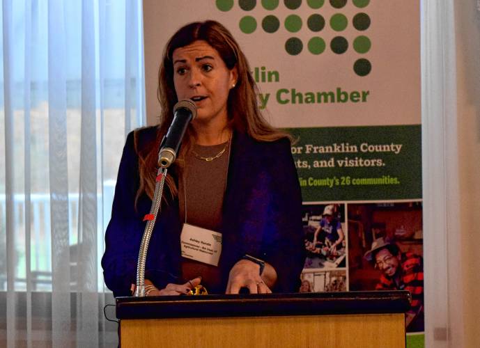 Massachusetts Department of Agricultural Resources Commissioner Ashley Randle speaks at the Franklin County Chamber of Commerce breakfast at the Terrazza restaurant on Friday morning.