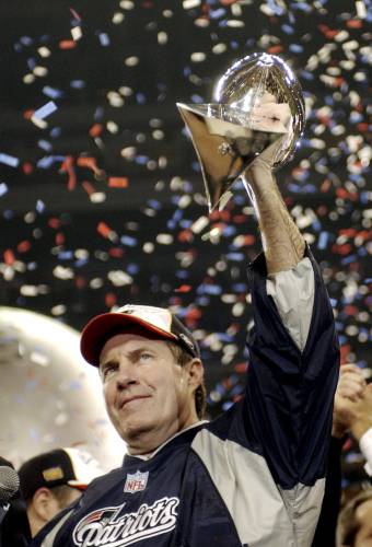 FILE - New England Patriots coach Bill Belichick holds the Vince Lombardi Trophy after the Patriots beat the Carolina Panthers 32-29 in Super Bowl XXXVIII in Houston, Texas, Feb. 1, 2004. Six-time NFL champion Bill Belichick has agreed to part ways as the coach of the New England Patriots on Thursday, Jan. 11, 2024, bringing an end to his 24-year tenure as the architect of the most decorated dynasty of the league’s Super Bowl era, a source told the Associated Press on the condition...