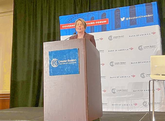 Gov. Maura Healey speaks during a Greater Boston Chamber of Commerce forum at Westin Copley Place on Tuesday. 